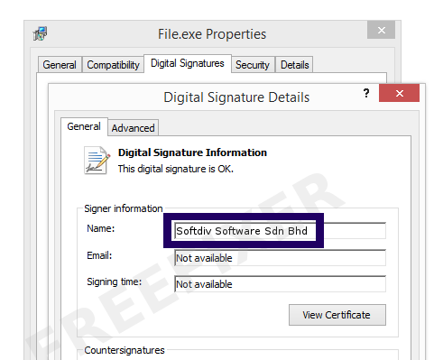 Screenshot of the Softdiv Software Sdn Bhd certificate